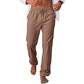 Runcati Mens Casual Pants Drawstring Elastic Waist Lightweight Linen Pants Loose Fit Straight Legs Beach Trousers