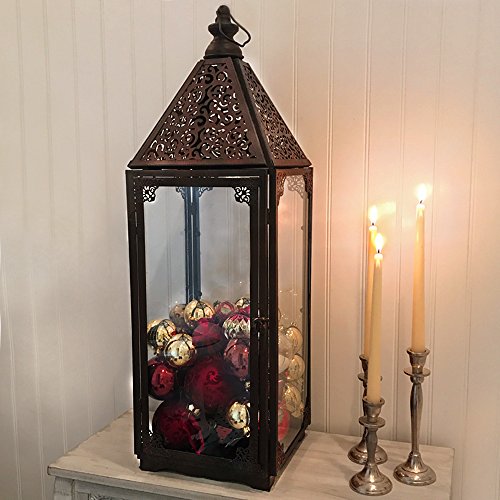 Whole House Worlds The French Country Style Hurricane Candle Lantern, Tempered Glass, Detailed Chateaux Roof, Knob Top, Loop Hanger, Sturdy, Rustic Iron, Over 2 1/2 Ft Tall, By