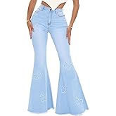 Women's Butterfly Bell Bottom Jeans Elastic High Waisted Embroidered Classic Flareed Jeans Raw Hem Denim Pants with Pocket