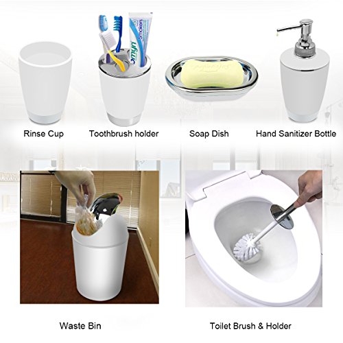 White Bathroom Accessories Set 6 Pieces Plastic Bathroom Accessories Toothbrush Holder, Rinse Cup, Soap Dish, Hand Sanitizer Bottle, Waste Bin, Toilet Brush with Holder