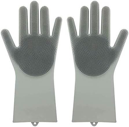 Magic Saksak Reusable Silicone Gloves with Wash Scrubber (13.6" Large), Heat Resistant, for Cleaning, Household, Dish Washing, Washing the Car (Grey)
