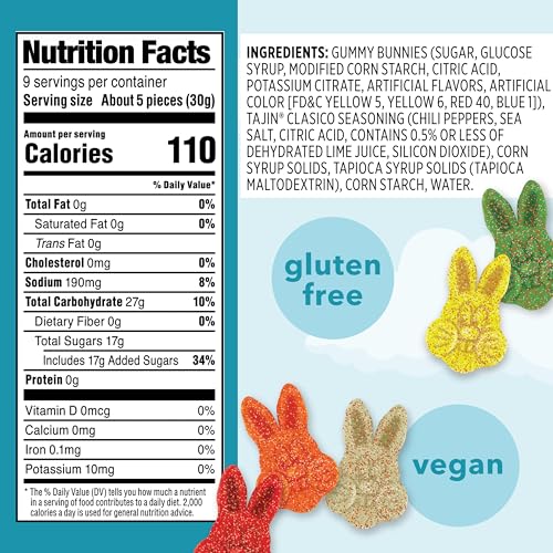 SNAK CLUB TAJIN GUMMY BUNNIES, ASSORTED FRUIT CANDY GUMMIES WITH CHILI AND LIME SEASONING, MILD, GLUTEN-FREE AND VEGAN SNACKS, 9 OZ RESEALABLE BAGS, 6 PACK