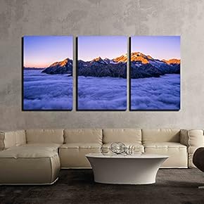 3 Piece Canvas Wall Art - Landscape - Sea of Clouds and Mountain Peak Under The Sun Rise - Modern Home Art Stretched and Framed Ready to Hang - 16"x24"x3 Panels