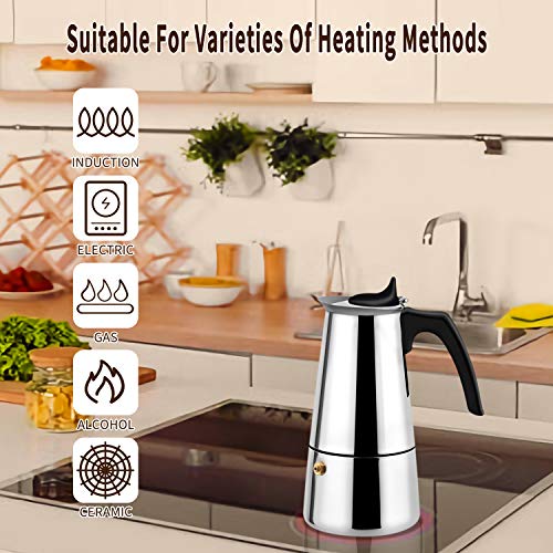 Stovetop Espresso Moka Pot Italian Coffee Maker, with Stainless Steel, 3 Coffee Scoops, 200ml/7oz/4 Cup (1 Cup=50ml)