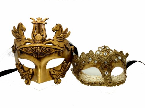 His & Hers Masquerade Couples Venetian Design Masks - 2 Piece Gold Colored Set - Warrior Greek Roman Couple Mardi Gras Ivory Party Halloween Ball Prom by Unknown