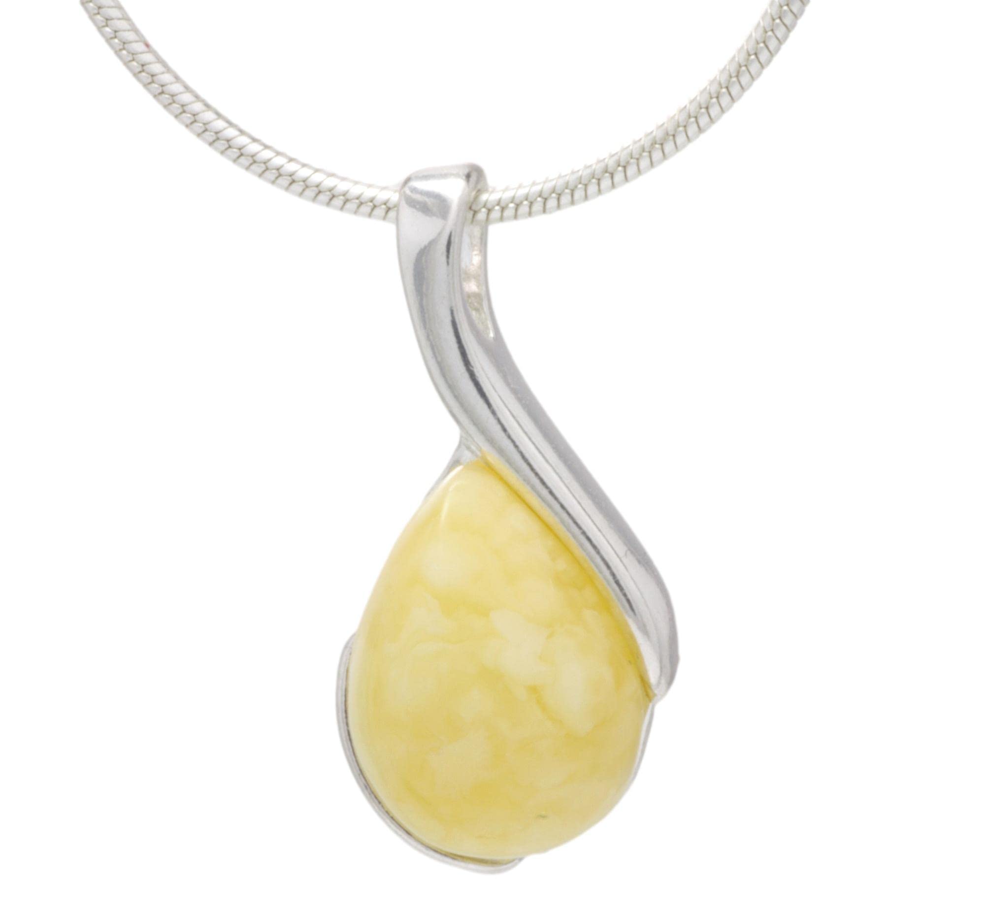 LIGURIUS NATURAL BALTIC AMBER STERLING SILVER 925 NECKLACE White - Milky Small PENDANT Gemstone For Women & Silver Adjustable CHAIN Snake 45cm - 50 cm, Gift set