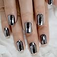 Coolnail Dark Smoky Gray Reflective Mirror Metal Plating False French Acrylic Nail Tips Punk Metallic Square Fake Nails With Glue Sticker