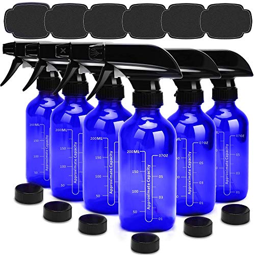 Empty Glass Spray Bottles 8oz ULG 6 Piece Boston Round Cobalt Blue Bottle Heavy Duty Black Trigger Sprayer Mist and Stream Settings Refillable Container with Scale for Essential Oils Cleaning Products