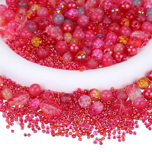 BEEFLYING 700pcs Glass Beads Jewelry Making Kit Assorted Crystal Round DIY Beads with Ocean Beads and Seed Beads for Bracelets Necklaces Earrings Making (FireBrick)