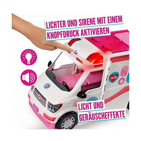 Barbie Krankenwagen, 2-in 1 inkl. aufklappbarem Krankenhaus-Spielset mit Licht und Geräuschen, 20x Barbie Zubehör wie Arztkoffer und Krücken, Spielzeug ab 3 Jahren, FRM19 – Bild 3