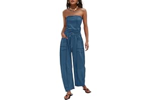 LAMISSCHE Womens Casual Strapless Jumpsuits off the Shoulder Summer Rompers Sleeveless One Piece Outfits with Pockets