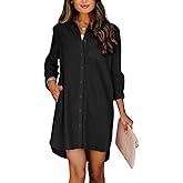chouyatou Women's Casual Loose Fit Long Sleeve Solid Striped Button Down Shirts Dresses