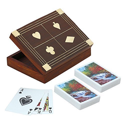 Wooden Box for Holding 2 Sets of Playing Cards Deck With Brass Inlay Decoration of Club Diamond Heart and Spade