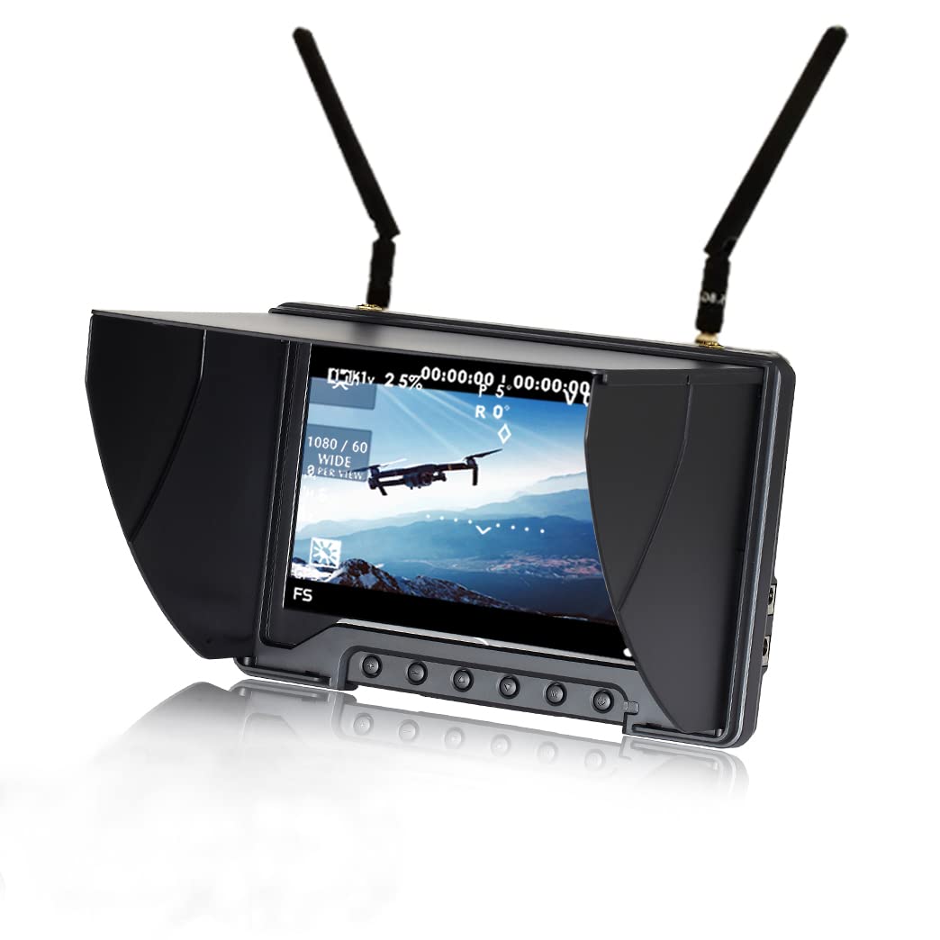 Flysight 5.8Ghz FPV Monitor DVR 7 inch Field FPV Wireless Diversity Receiver Monitor Black Pearl RC801 High Brightness HD Display 1024 x 600 Screen Monitor with Battery(RPSMA ANT)