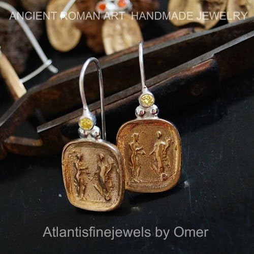 Omer Handmade Coin Earrings w/ Yellow sapphire 24k Gold over 925 k Silver