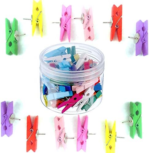 Dstertech Pack of 50 Colors Wood Clips with Push Pins for Cork Boards Paper Works/Notes/Photos/Cork Board/School Projects and Craft Projects-Clip Thumbtack (1.8inch)