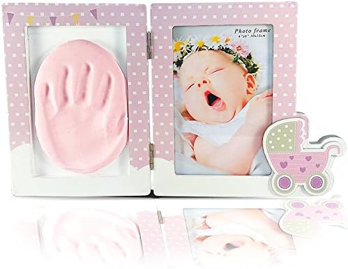 Baby handprint & footprint kit by American Global | Clay photo frame keepsake, Capture timeless impressions, 6'' x 4'' picture, Pink boarder, no mold