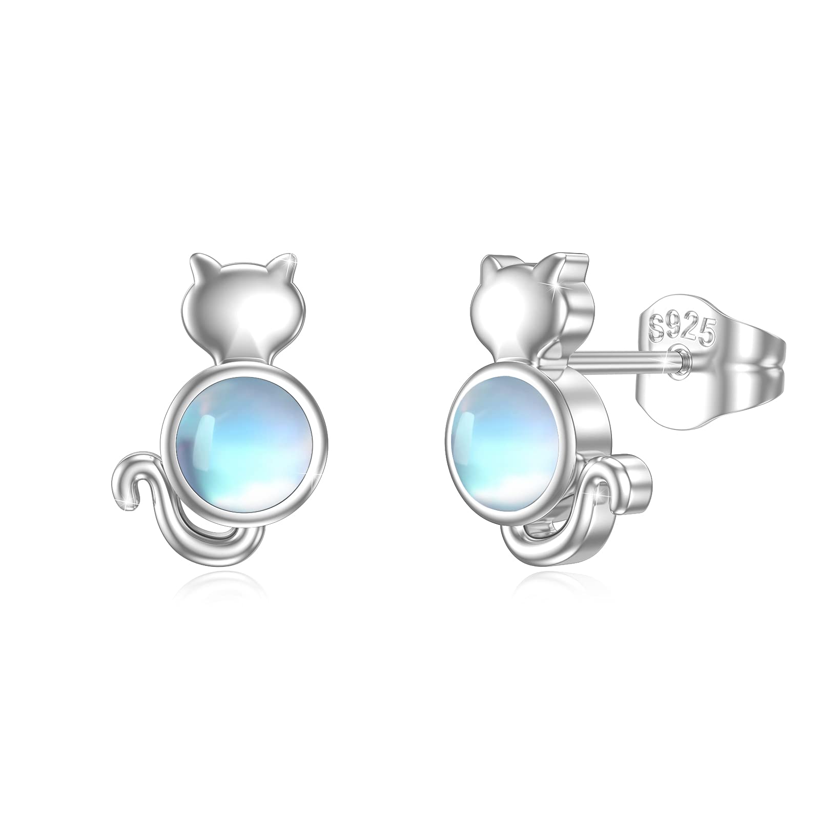 Moonstone Earrings 925 Sterling Silver Cat Earrings/Star and Moon/Penguin/Owl/Hedgehog/Heart Earrings Moonstone Stud Earrings for Women Hypoallergenic Moonstone Jewellery Gift — image 1