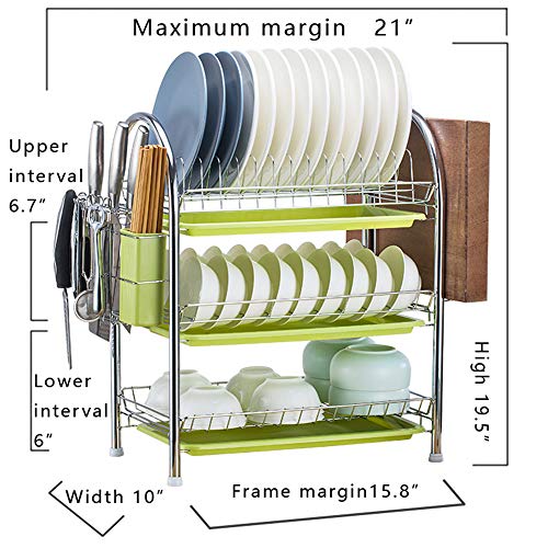 Dish Rack,Utensil Racks Kitchen Plate Rack 3 Tier Dish Drainer 15.3 x 9.8 x 18.9 Inches Silver Stainless Steel Dish Drying Rack with Removable Drain Board,Cutlery Drying Basket,Cutting Board Holder
