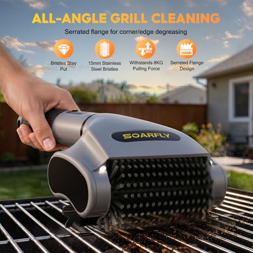 SOARFLY Electric Grill Brush for Outdoor Grill, 2-Speed & 20kg Torque Electric BBQ Grill Brush, Powerful Motor 800RPM Fast Safe Grill Cleaner, 4000mAh Long Battery Life, LED Light, Gifts for Men Dad