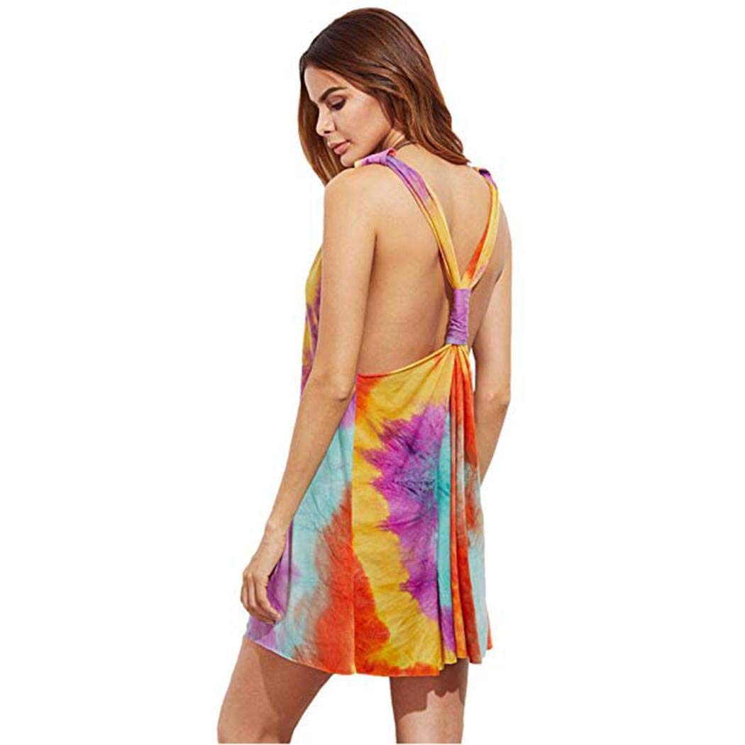 ilonti Women\'s Sleeveless V Neck Dye Printed Casual Backless Dress Dresses