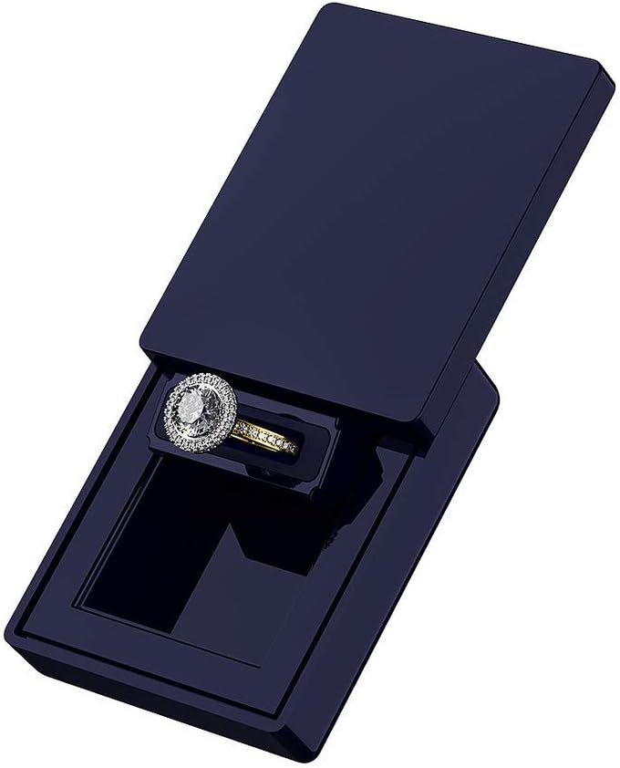 MONOLIX Slim Engagement Ring Box, Thin Unique Sliding Lid, Elegant Discreet Secret Surprise Marriage Wedding Proposal Case (Navy, MAXI)