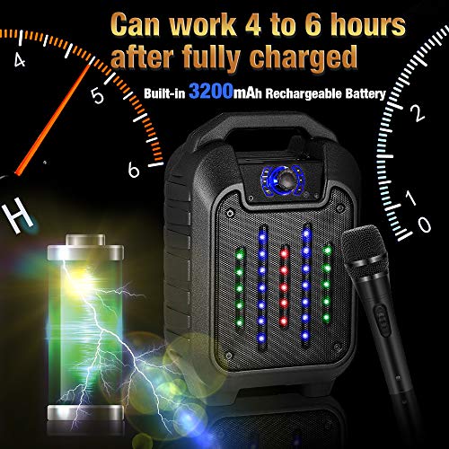 Portable PA System Bluetooth Karaoke Machine Speaker,Rechargeable Karaoke System with LED Lights & Wired Microphone,FM Radio