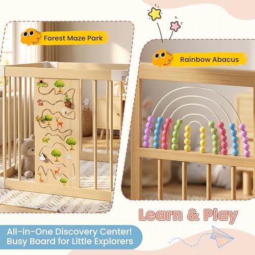 BLEKOO Portable Wooden Baby Playpen with Gate - Foldable 6-sided Activity Center, Adjustable Indoor Play Yard for Infants & Toddlers, Expands to 56" x 56" x 24" Safety Fence