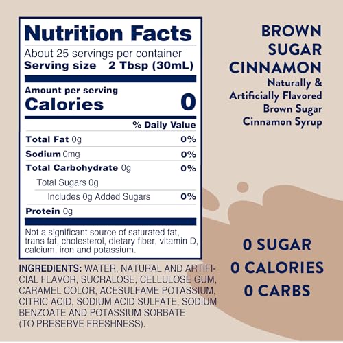 JORDAN’S SKINNY MIXES SYRUPS SUGAR FREE COFFEE SYRUP, BROWN SUGAR CINNAMON FLAVOR DRINK MIX, ZERO CALORIE FLAVORING FOR LATTE, PROTEIN SHAKE, FOOD AND MORE, GLUTEN FREE, KETO FRIENDLY, 25.4 FL OZ, 1 PACK