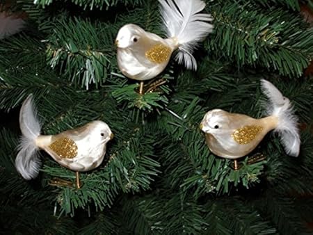 Ensemble 3 Oiseaux De Verre Boules De Noël En Couleurglacé Champagne Or Décorations Pour Arbres Sapin Arbre De Noël