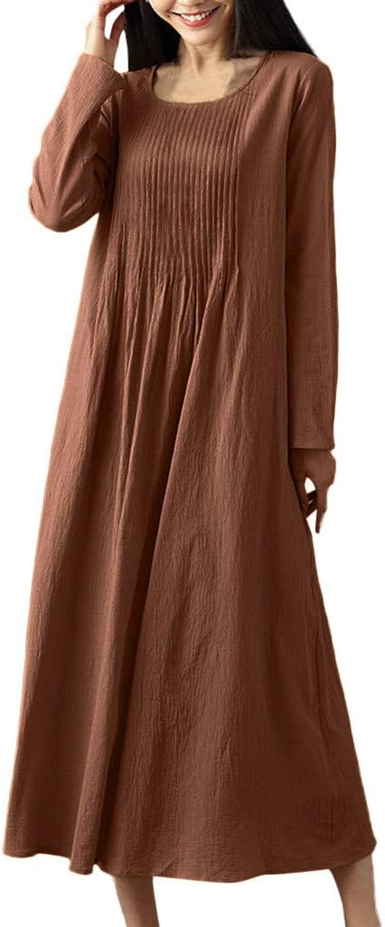 Women Casual Solid Pleated Loose Long Sleeve O-Neck Vintage Long Maxi Dress