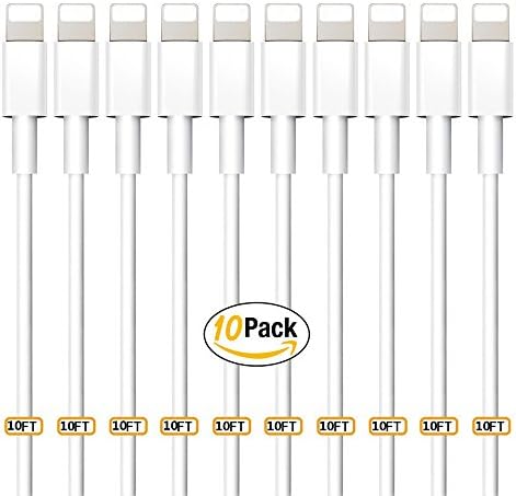 Lightning Cables, Wansong 10ft long (3M) (10 Pack) USB Charge and Sync Charging Cable Cord for iPhone X/ 8/ 7/ 7plus/ 6/ 6s/ 6 plus/ 6s plus/ SE/ 5c/ 5s/ 5, iPad Air/Mini, iPod Nano/Touch - White