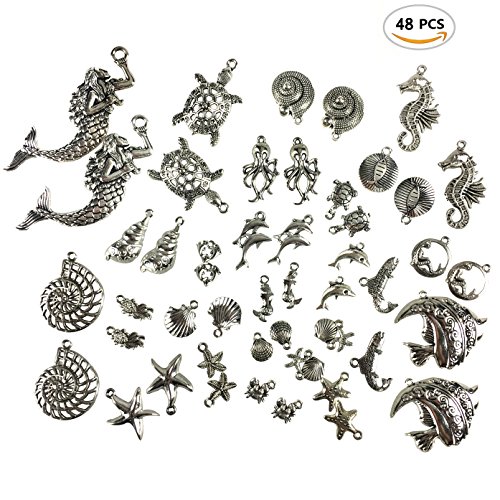 48PCS Alloy Antique Silver Mixed DIY Ocean Fish & Sea Creatures Charms Pendants for Making Bracelet and Necklace by ZXSWEET - Thumbnail 3