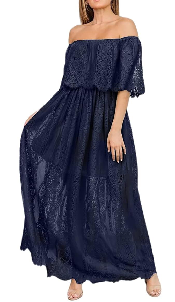 Photo 1 of HOYISHION Women's Off The Shoulder Floral Lace Maxi Wedding Dress Boho Brides Bridesmaid Party Dress Flowy Maternity Photoshoot Dresses Navy Blue