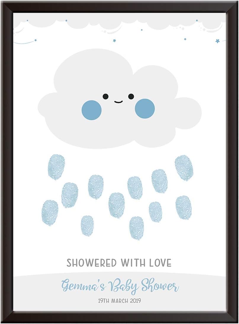 Framed Occasions PERSONALISED BABY SHOWER Cloud Fingerprint Wall Art Print for Boy, neutral on Christening Day, Naming Day. Pregnant/expectant mother. Nursery keepsake picture/poster