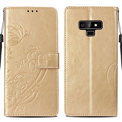 Strap Case for Galaxy Note 9,Wallet Leather Cover for Galaxy Note 9,Herzzer Classic Elegant [Gold Butterfly Pattern] PU Leather Fold Stand Card Holders Smart Phone Case - Thumbnail 2