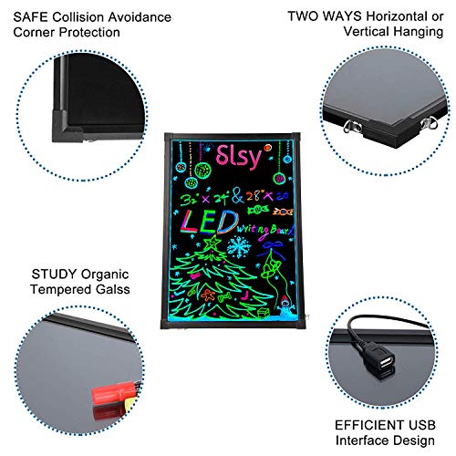 Slsy Illuminated LED Message Writing Board Erasable Neon Effect Menu Sign Board with 8 Fluorescent Makers,12Colors Flashing Modes,Remote Control Message Board (32''X24")
