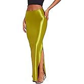Molisry Women's Satin Silk Skirt Dressy High Waisted Side Slit Elegant A-Line Long Maxi Pencil Skirt Wedding