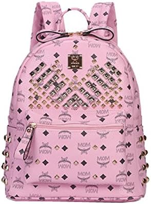 Deercon Girls Rivet Backpack Travel PU Leather Handbag Rucksack School Shoulder Bag(Pink)