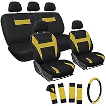OxGord 17pc Set Flat Cloth Mesh Yellow Black Auto Seat Cover Set-Airbag-Front Low Buckets-50-50 or 60-40 Rear Split Bench-5 Head Rests-Universal Fit for Car, Truck, Suv, or Van-Steering Wheel Cover