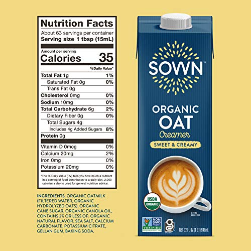 SOWN ORGANIC OAT CREAMER SWEET & CREAMY – BARISTA OAT MILK NON DAIRY COFFEE CREAMER – PLANT BASED, DAIRY-FREE, VEGAN, GLUTEN-FREE, NON-GMO, SHELF STABLE – 32OZ