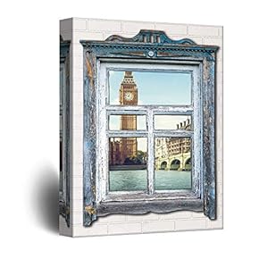 Canvas Wall Art Rustic View Through Vintage Window Theme Painting Artwork for Home Prints Framed - 12x18 inches