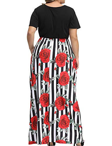 image for Allegrace Women's Plus Size Floral Print Striped Patchwork Maxi Dress 