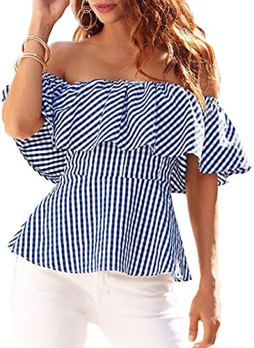 SugooVibe Women Summer Off Shoulder Ruffles Blouse Stripe Cover Up Tops