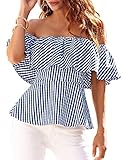 Yuandy Women Summer Off Shoulder Tops Ruffles Stripe Casual Blouse Shirt Cover Up