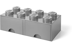 ROOM COPENHAGEN LEGO Brick Drawer, 8 Knobs, 2 Drawers, Stackable Storage Box, Medium Stone Grey