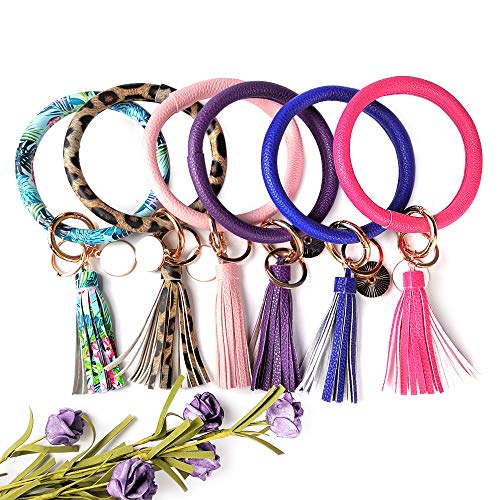 Leather Bracelet Key Ring Bangle Keyring, Tassel Ring Circle Key Ring Keychain Wristlet for Women Girls - Free Your Hands (Rose Red)