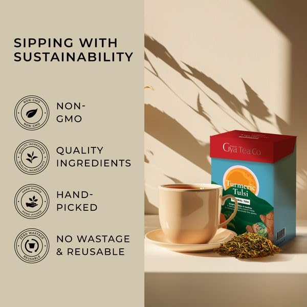 GYA TEA CO LOOSE LEAF TURMERIC TULSI HERBAL TEA – ZERO CALORIES CAFFEINE-FREE TURMERIC TEA – 100% NATURAL LOOSE LEAF TEA WITH NO ARTIFICIAL INGREDIENTS – PURE SUGAR-FREE (5.29 OZ)