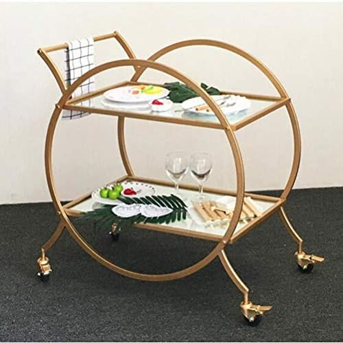 2-Tier Serving Tea Cart,Metal Frame Kitchen Cart,bar Mini Mobile Wine Rack,Storage Trolley Round Wrought Iron Cart, 72x38x80cm