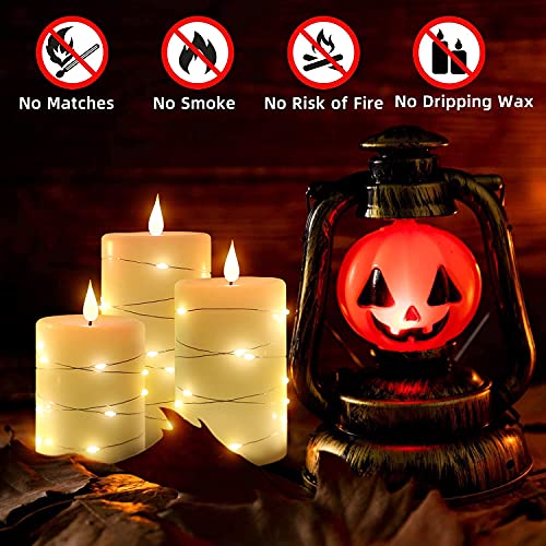 Set of 3 Flickering Flameless Candles with Embedded String Light, Battery Operated Pillar Real Wax 3D Teardrop-Shaped Wick LED Candle Sets with Remote Control Timer